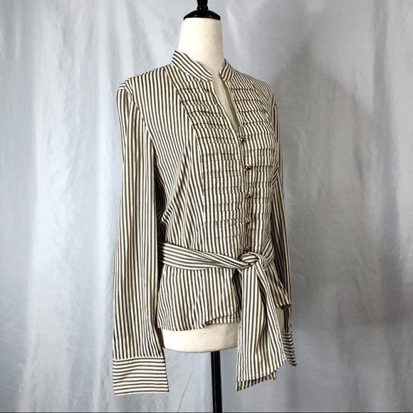 Jones New York button down shirt striped tucks sash tie at waist M - Picture 1 of 11
